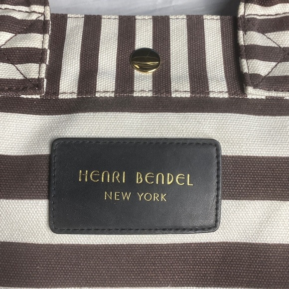 Henri Bendel Striped Canvas Tote Bag Brown White Signature Large - Picture 13 of 15